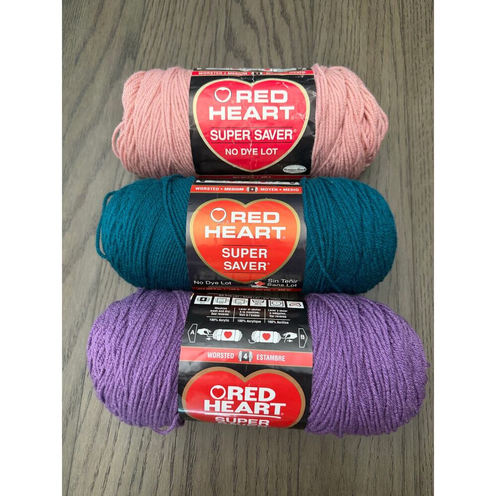 Red Heart Super Saver Yarn Lot 3 Skeins Bright Colors Pink Teal Purple Acrylic